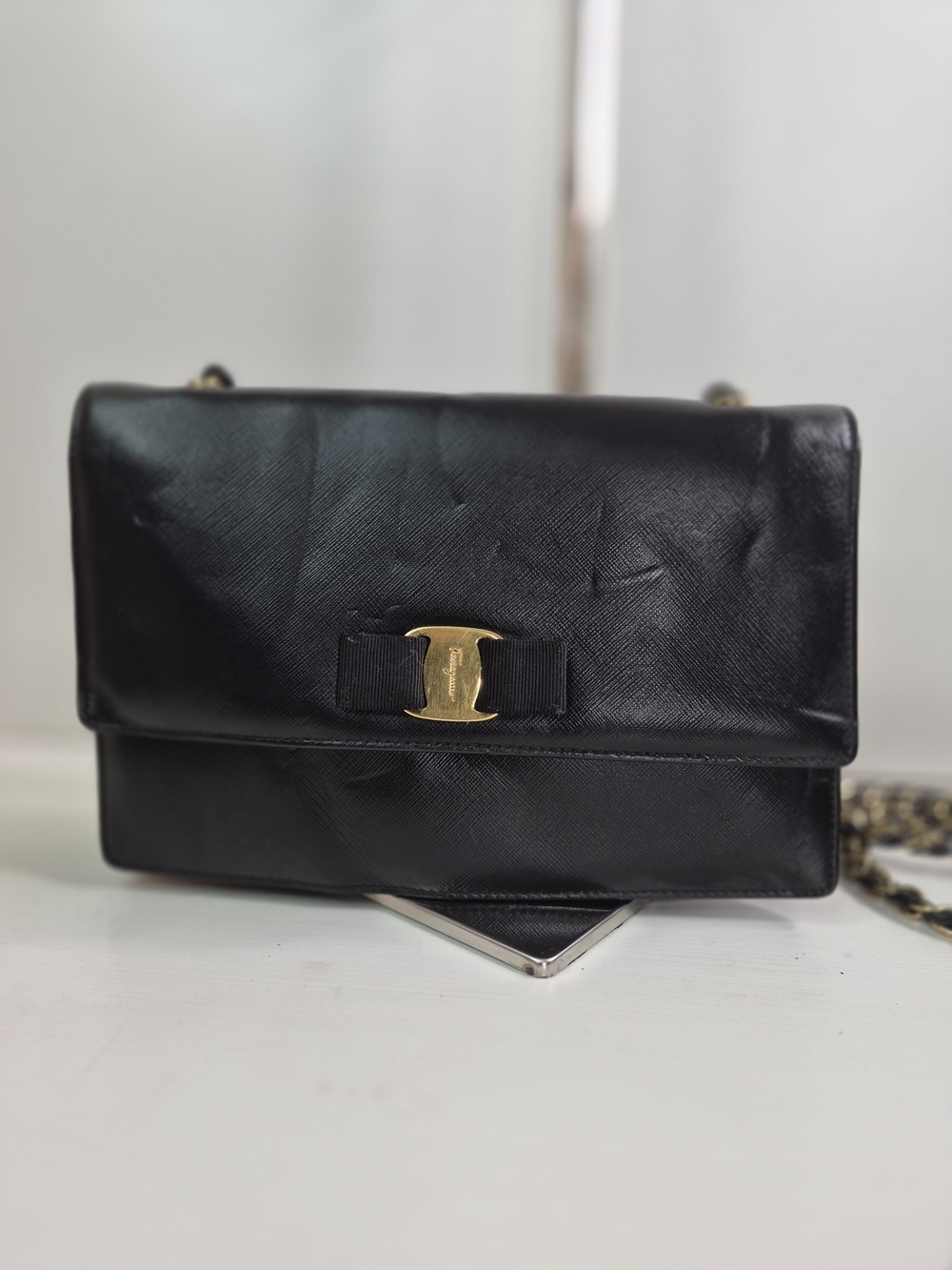 Salvatore Ferragamo Black Leather Vara Bow Crossbody Bag